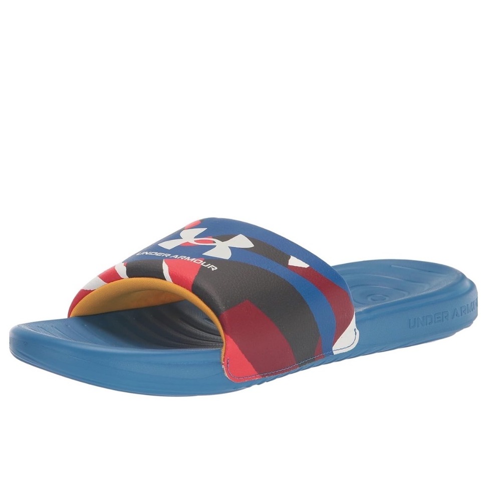 Under Armour Ansa Graphic womens Slide Sandals Blue Red White Logo Print Size 12